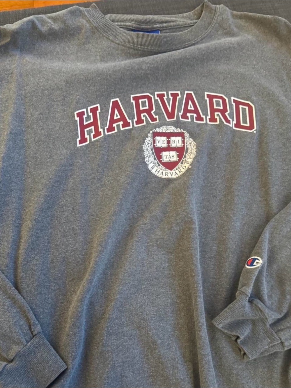 Champion Gray Harvard Long-Sleeve Crewneck with Maroon Print